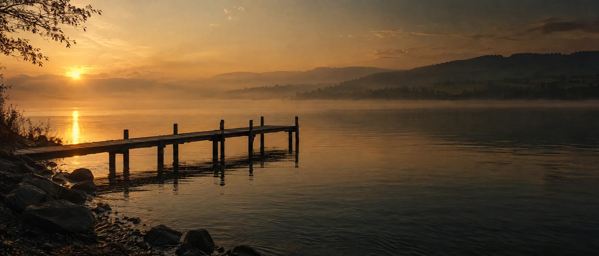 Hölzerner Steg am Bodensee im Gegenlicht der tief stehenden Sonne