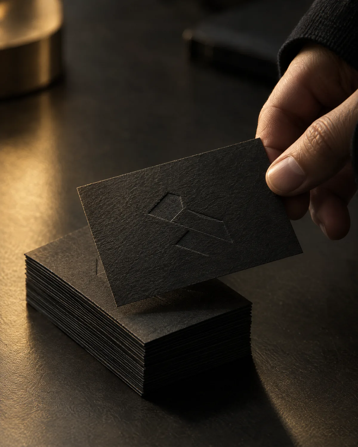 Hand hält eine geprägte schwarze Karte mit Markenzeichen über einem Stapel gleicher Karten