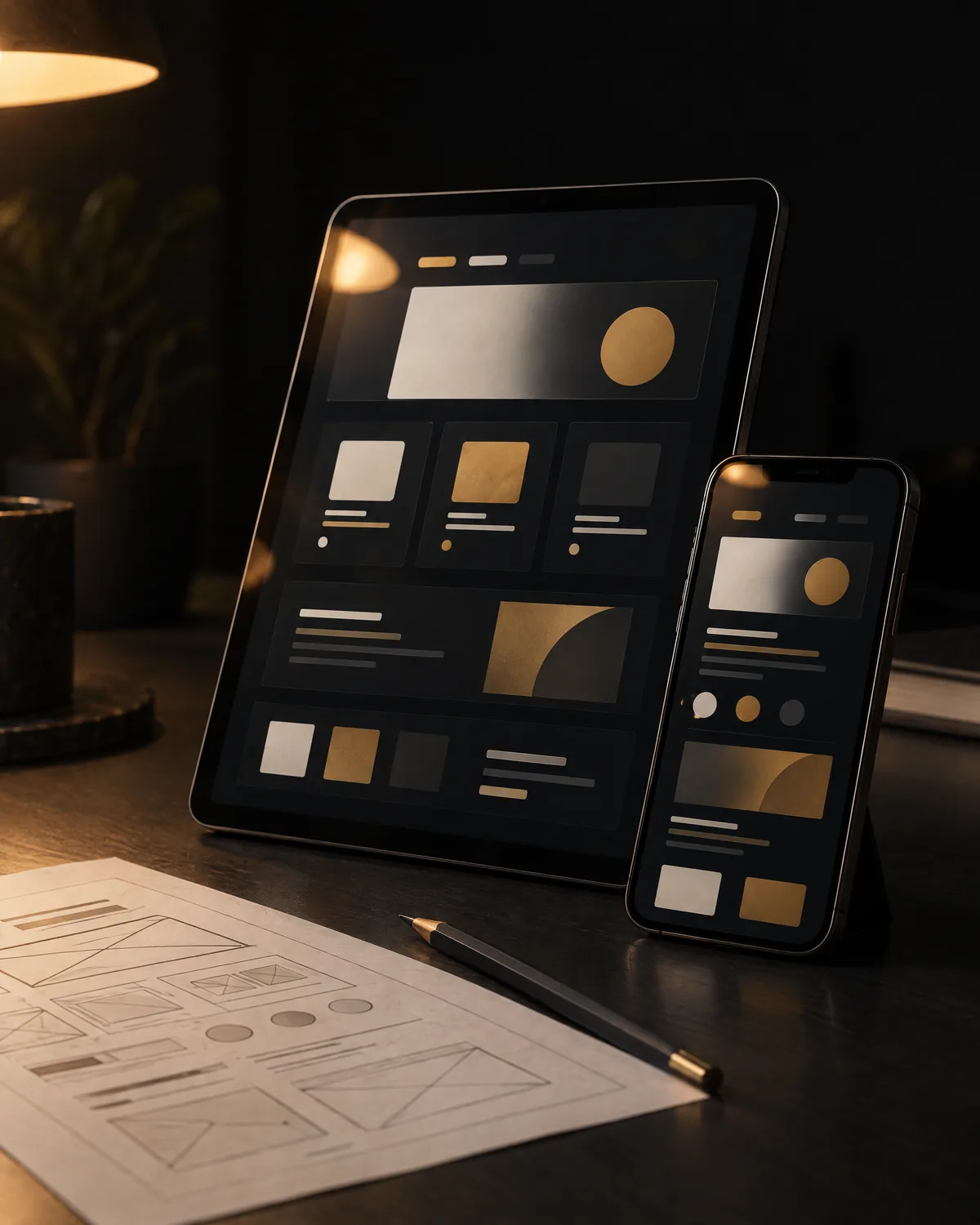 Tablet und Smartphone mit dunklem Website-Layout, Skizzenblatt und Stift davor